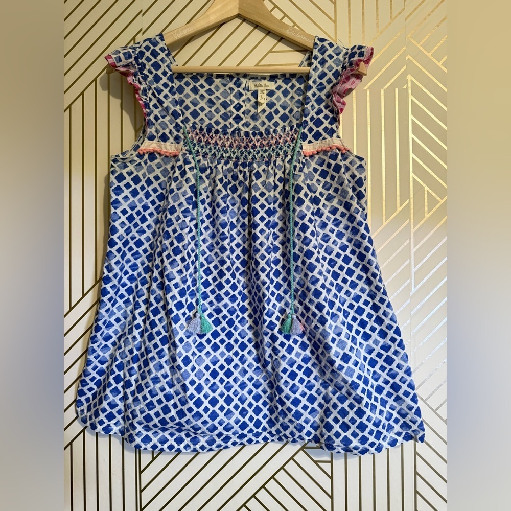 Matilda Jane Babydoll Blouse Size M Blue Geometric Tassel Tie Boho Top - Picture 3 of 12